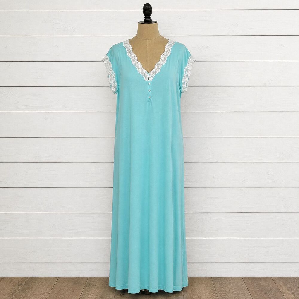 Vintage Teal Blue Gown SIZE MED Lace Trim Cotton Blend Short Sleeve Cabernet
